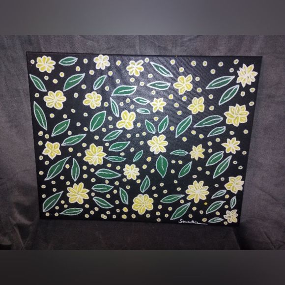 Hand Crafted Other - Hand Painted Yellow Floral on Black 16x20 Unframed Canvas